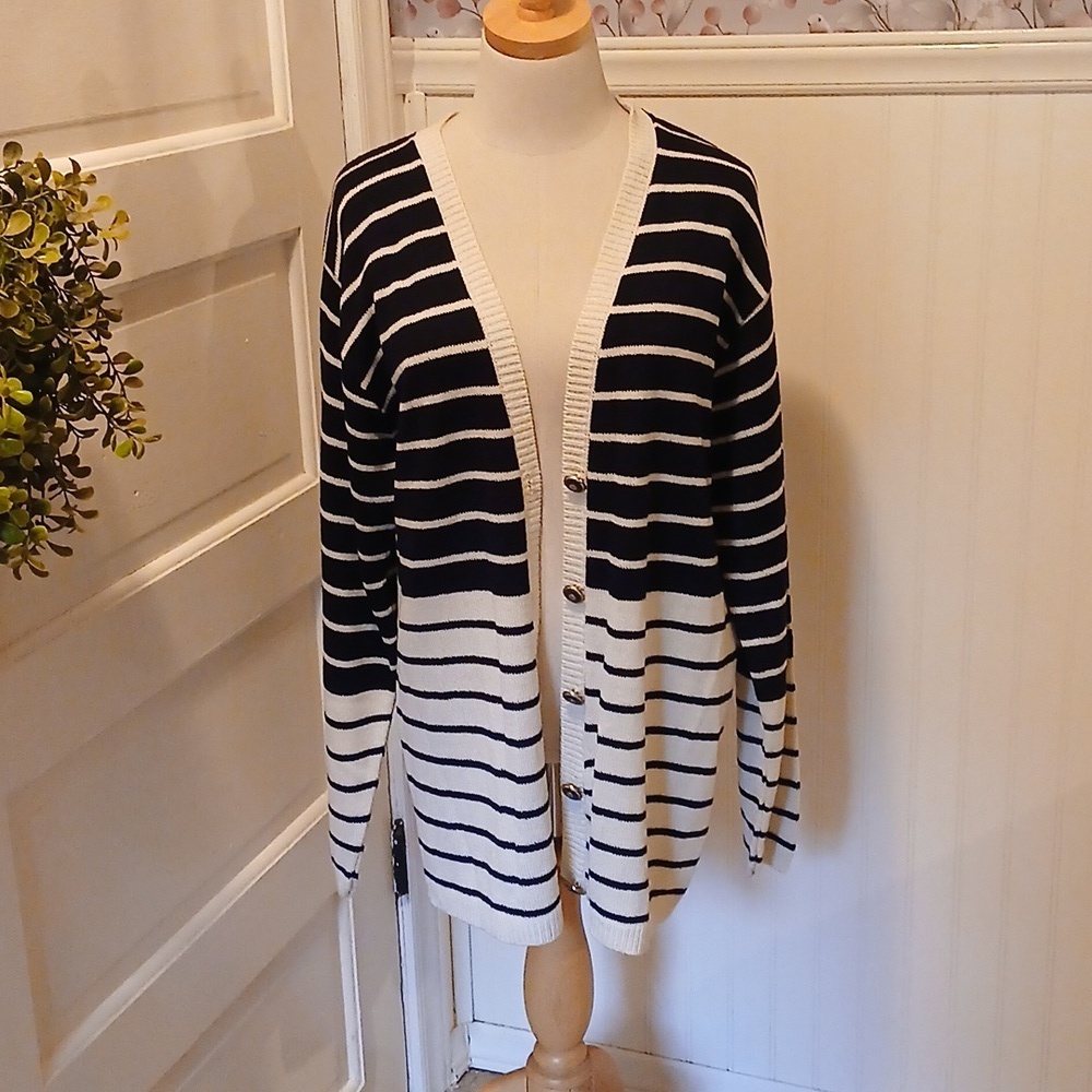 Alfred Dunner Navy and Cream Striped Sweater Cardigan XL